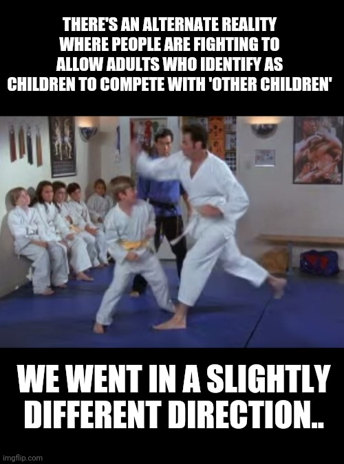 kramer karate | THERE'S AN ALTERNATE REALITY WHERE PEOPLE ARE FIGHTING TO ALLOW ADULTS WHO IDENTIFY AS CHILDREN TO COMPETE WITH 'OTHER CHILDREN'; WE WENT IN A SLIGHTLY DIFFERENT DIRECTION.. | image tagged in kramer karate | made w/ Imgflip meme maker