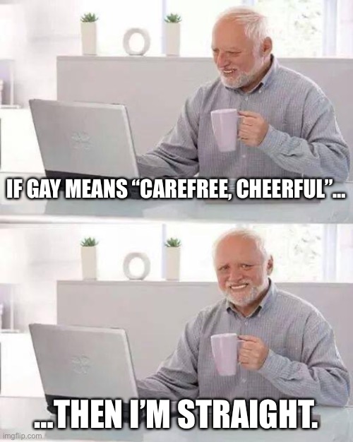 Guess there’s only one way to solve this problem. | IF GAY MEANS “CAREFREE, CHEERFUL”…; …THEN I’M STRAIGHT. | image tagged in memes,hide the pain harold | made w/ Imgflip meme maker