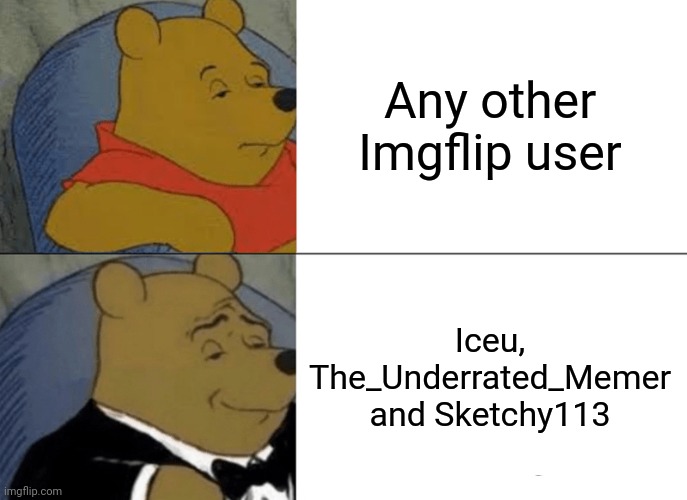 Go check them out | Any other Imgflip user; Iceu, The_Underrated_Memer and Sketchy113 | image tagged in memes,tuxedo winnie the pooh,iceu | made w/ Imgflip meme maker