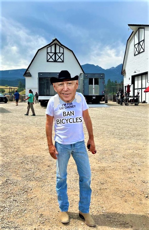 Bad photoshop someday | BAN BICYCLES | image tagged in kevin costner for liz cheney | made w/ Imgflip meme maker