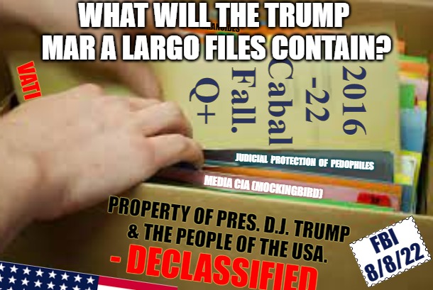 What will Trumps Files contain about the Illuminati and their workers? | ARKANCIDES; WHAT WILL THE TRUMP 
MAR A LARGO FILES CONTAIN? 2016
-22
Cabal
Fall.
Q+; VATI; JUDICIAL  PROTECTION  OF  PEDOPHILES; MEDIA CIA (MOCKINGBIRD); PROPERTY OF PRES. D.J. TRUMP 
& THE PEOPLE OF THE USA. FBI
8/8/22; - DECLASSIFIED. | image tagged in trump,files,fbi,mar a largo,cabal | made w/ Imgflip meme maker