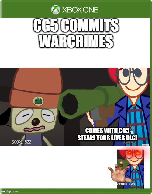 CG5 Commits Warcrimes™ is out now! | CG5 COMMITS WARCRIMES; COMES WITH CG5 STEALS YOUR LIVER DLC! | image tagged in xbox template box | made w/ Imgflip meme maker