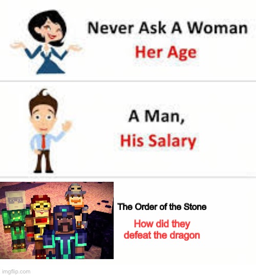 Never ask a woman her age |  The Order of the Stone; How did they defeat the dragon | image tagged in never ask a woman her age,minecraft story mode | made w/ Imgflip meme maker