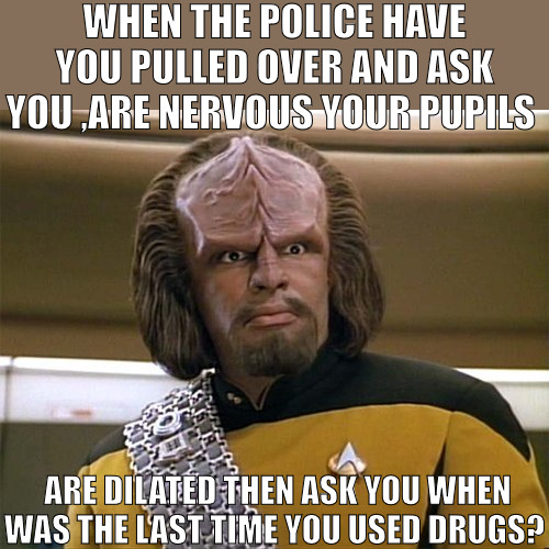 I WAS SO SCARED OF ALL THOSE DONUTS! | WHEN THE POLICE HAVE YOU PULLED OVER AND ASK YOU ,ARE NERVOUS YOUR PUPILS; ARE DILATED THEN ASK YOU WHEN WAS THE LAST TIME YOU USED DRUGS? | image tagged in worf star trek,meme | made w/ Imgflip meme maker