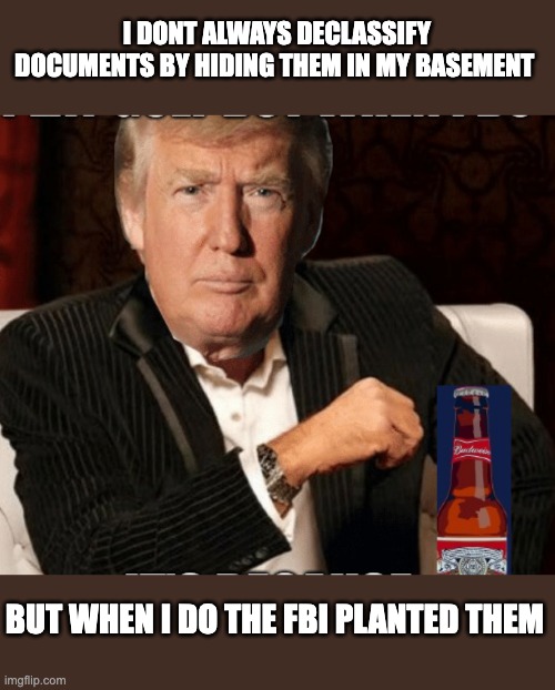 I DONT ALWAYS DECLASSIFY DOCUMENTS BY HIDING THEM IN MY BASEMENT; BUT WHEN I DO THE FBI PLANTED THEM | made w/ Imgflip meme maker