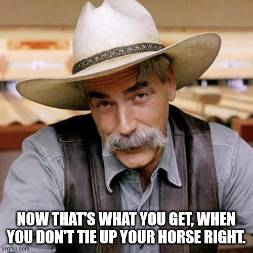 SARCASM COWBOY | NOW THAT'S WHAT YOU GET, WHEN YOU DON'T TIE UP YOUR HORSE RIGHT. | image tagged in sarcasm cowboy | made w/ Imgflip meme maker
