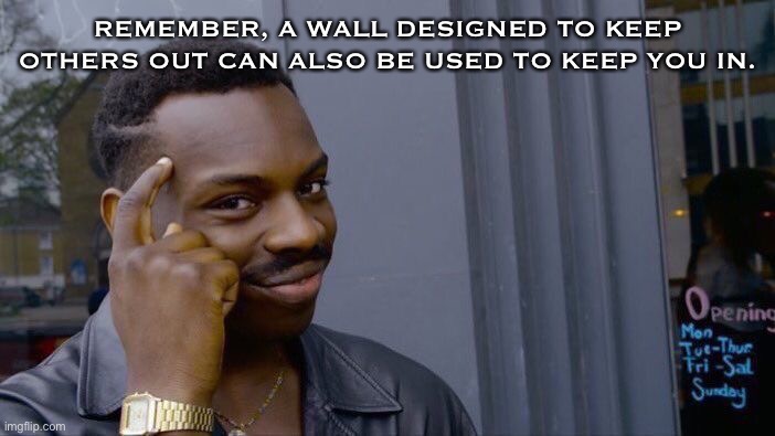 Think About It | REMEMBER, A WALL DESIGNED TO KEEP OTHERS OUT CAN ALSO BE USED TO KEEP YOU IN. | image tagged in memes,roll safe think about it | made w/ Imgflip meme maker
