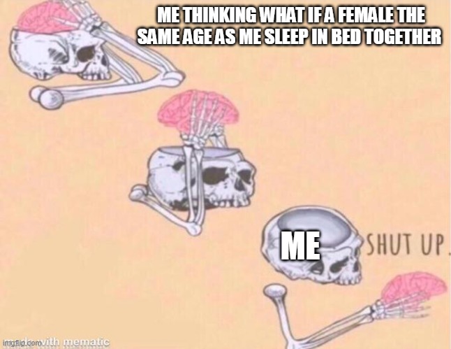 skeleton shut up meme | ME THINKING WHAT IF A FEMALE THE SAME AGE AS ME SLEEP IN BED TOGETHER; ME | image tagged in skeleton shut up meme | made w/ Imgflip meme maker