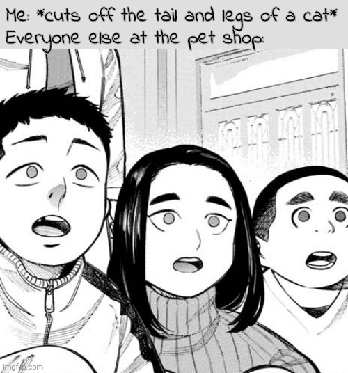 Shocked People | Me: *cuts off the tail and legs of a cat*
Everyone else at the pet shop: | image tagged in shocked people | made w/ Imgflip meme maker