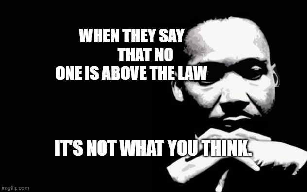 Martin Luther King Jr. | WHEN THEY SAY          THAT NO ONE IS ABOVE THE LAW; IT'S NOT WHAT YOU THINK. | image tagged in martin luther king jr | made w/ Imgflip meme maker
