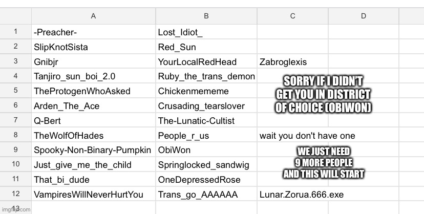LGTBQ stream hunger games | SORRY IF I DIDN’T GET YOU IN DISTRICT OF CHOICE (OBIWON); WE JUST NEED 9 MORE PEOPLE AND THIS WILL START | made w/ Imgflip meme maker