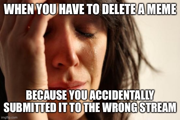 Just happened | WHEN YOU HAVE TO DELETE A MEME; BECAUSE YOU ACCIDENTALLY SUBMITTED IT TO THE WRONG STREAM | image tagged in memes,first world problems,imgflip,fun stream | made w/ Imgflip meme maker