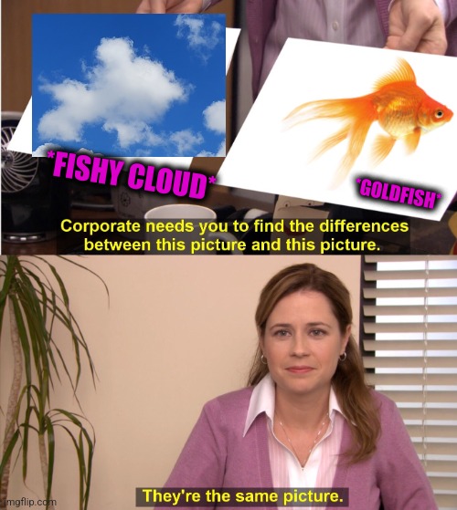 -For keeping in garden pool. | *GOLDFISH*; *FISHY CLOUD* | image tagged in memes,they're the same picture,goldfish,totally looks like,fishing for upvotes,clouds | made w/ Imgflip meme maker