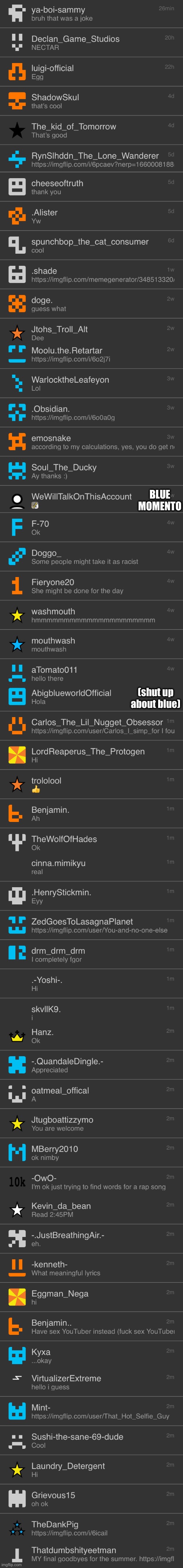 All of my memechats because trend (not including deleted accounts) | BLUE MOMENTO; (shut up about blue) | made w/ Imgflip meme maker