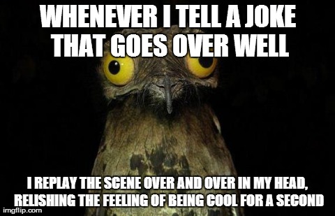 Weird Stuff I Do Potoo Meme | WHENEVER I TELL A JOKE THAT GOES OVER WELL I REPLAY THE SCENE OVER AND OVER IN MY HEAD, RELISHING THE FEELING OF BEING COOL FOR A SECOND | image tagged in memes,weird stuff i do potoo,AdviceAnimals | made w/ Imgflip meme maker