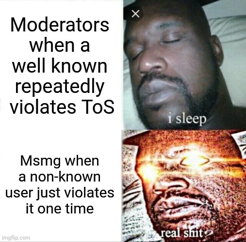 i know i did something against tos but spamming is against tos as well. | Moderators when a well known repeatedly  violates ToS; Msmg when a non-known user just violates it one time | image tagged in memes,sleeping shaq | made w/ Imgflip meme maker