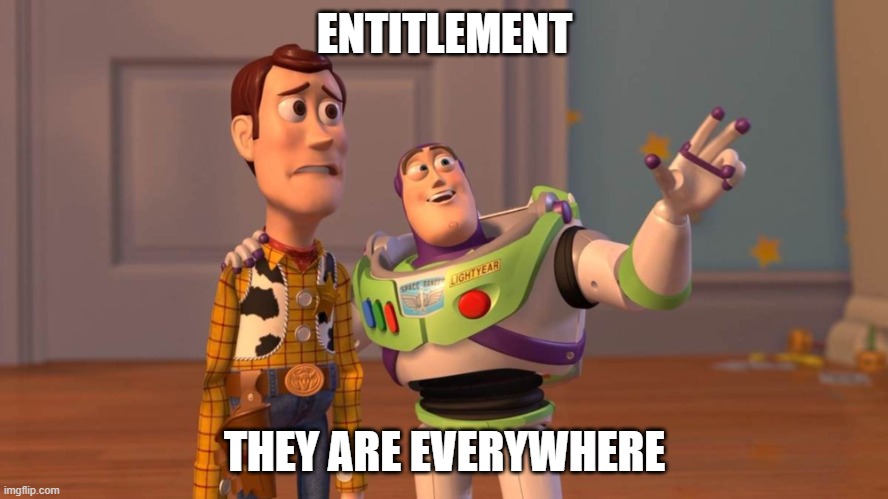entitlement | ENTITLEMENT; THEY ARE EVERYWHERE | image tagged in buzzlightyear | made w/ Imgflip meme maker