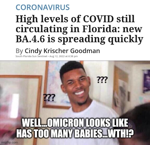 BA.4.6.... |  WELL...OMICRON LOOKS LIKE HAS TOO MANY BABIES...WTH!? | image tagged in black guy confused,coronavirus,covid-19,florida,omicron,babies | made w/ Imgflip meme maker
