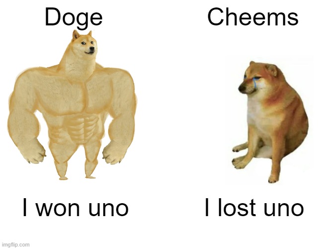 Buff Doge vs. Cheems | Doge; Cheems; I won uno; I lost uno | image tagged in memes,buff doge vs cheems | made w/ Imgflip meme maker