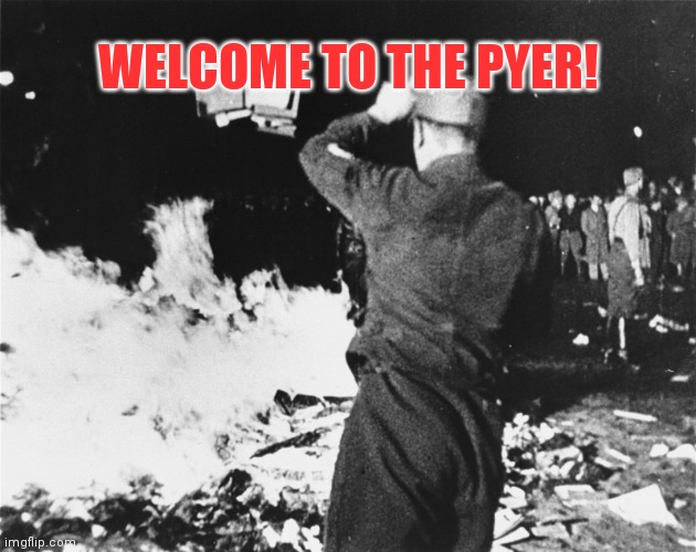 Book Burning Nazi Germany | WELCOME TO THE PYER! | image tagged in book burning nazi germany | made w/ Imgflip meme maker