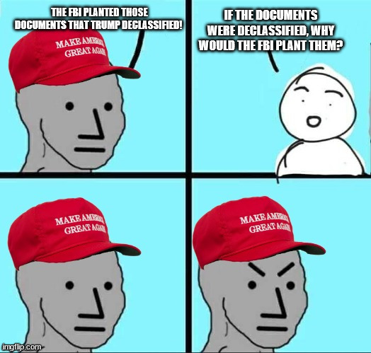 MAGA NPC (AN AN0NYM0US TEMPLATE) | THE FBI PLANTED THOSE DOCUMENTS THAT TRUMP DECLASSIFIED! IF THE DOCUMENTS WERE DECLASSIFIED, WHY WOULD THE FBI PLANT THEM? | image tagged in maga npc an an0nym0us template | made w/ Imgflip meme maker