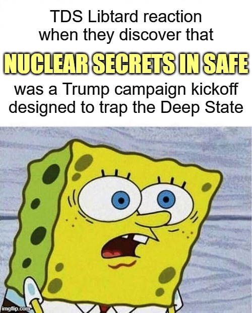 There is no limit to the stupidity of the Left. None. | TDS Libtard reaction when they discover that; NUCLEAR SECRETS IN SAFE; was a Trump campaign kickoff designed to trap the Deep State | image tagged in deep fake,fbi kgb,trump,deep state morons | made w/ Imgflip meme maker