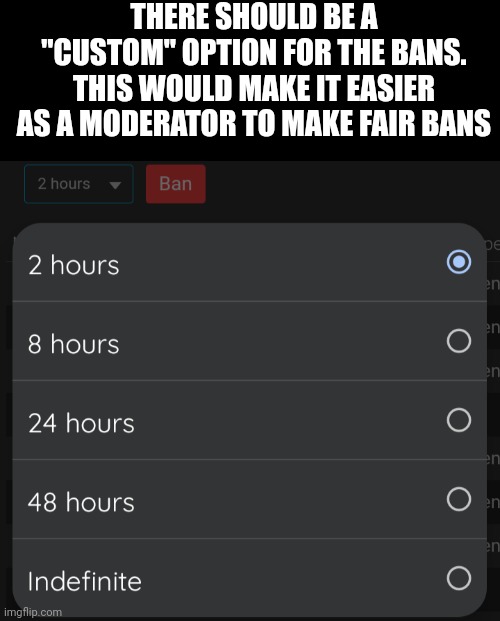 THERE SHOULD BE A "CUSTOM" OPTION FOR THE BANS. THIS WOULD MAKE IT EASIER AS A MODERATOR TO MAKE FAIR BANS | made w/ Imgflip meme maker