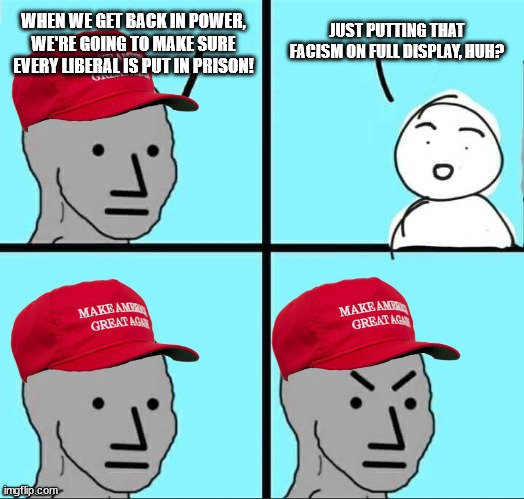 MAGA NPC (AN AN0NYM0US TEMPLATE) | JUST PUTTING THAT FACISM ON FULL DISPLAY, HUH? WHEN WE GET BACK IN POWER, WE'RE GOING TO MAKE SURE EVERY LIBERAL IS PUT IN PRISON! | image tagged in maga npc an an0nym0us template | made w/ Imgflip meme maker