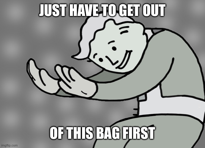 Hol up | JUST HAVE TO GET OUT OF THIS BAG FIRST | image tagged in hol up | made w/ Imgflip meme maker