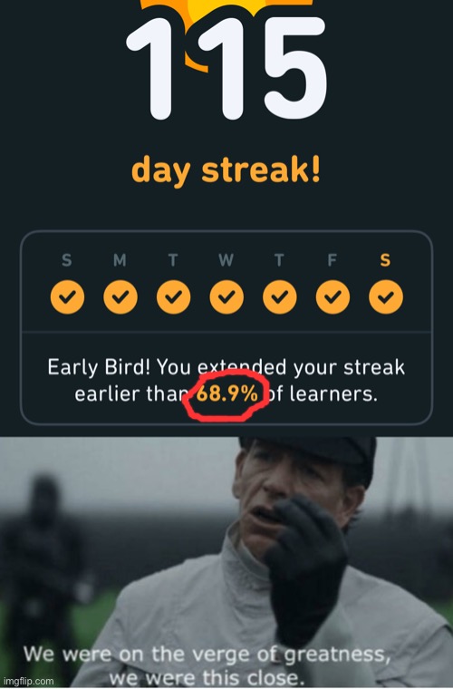 Just a few seconds earlier... | image tagged in we were on the verge of greatness,memes,duolingo | made w/ Imgflip meme maker