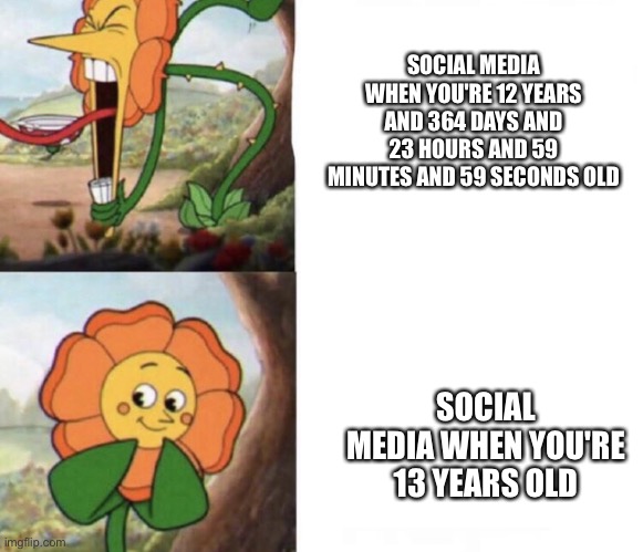 turningn 13 be like | SOCIAL MEDIA WHEN YOU'RE 12 YEARS AND 364 DAYS AND 23 HOURS AND 59 MINUTES AND 59 SECONDS OLD; SOCIAL MEDIA WHEN YOU'RE 13 YEARS OLD | image tagged in cagney carnation,social media,age,13 | made w/ Imgflip meme maker