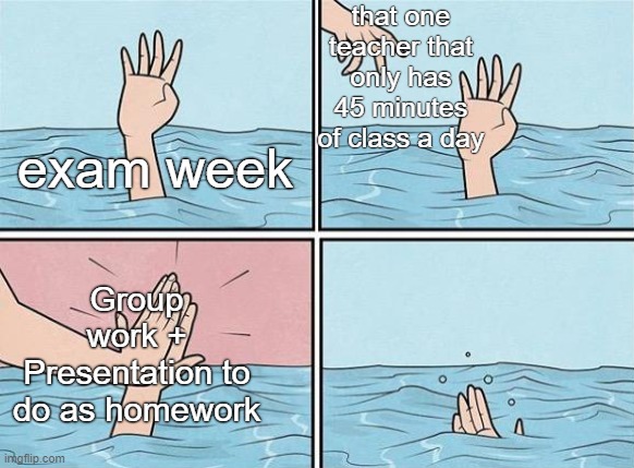 cte grnea | that one teacher that only has 45 minutes of class a day; exam week; Group work + Presentation to do as homework | image tagged in high five drown | made w/ Imgflip meme maker