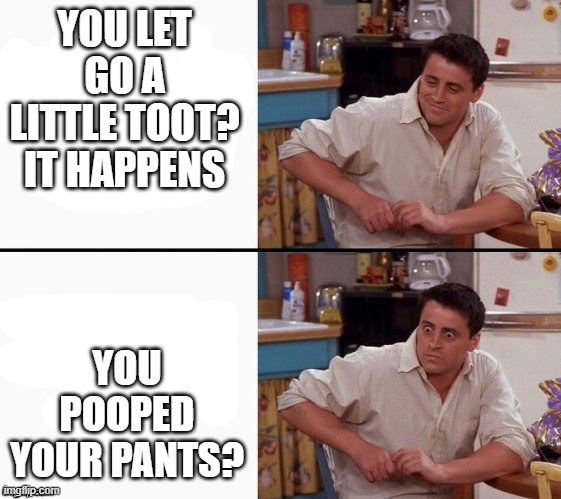 Comprehending Joey | YOU LET GO A LITTLE TOOT? IT HAPPENS; YOU POOPED YOUR PANTS? | image tagged in comprehending joey | made w/ Imgflip meme maker