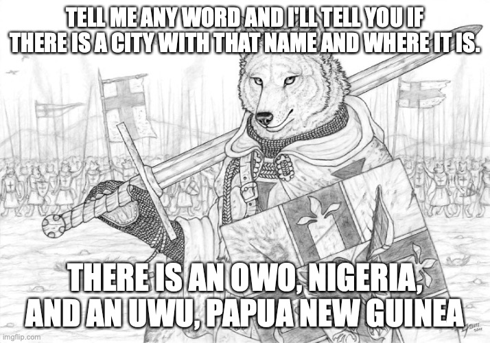 Owo is the best for a nuclear test because it has more people instead of being like maybe one house on a river | TELL ME ANY WORD AND I'LL TELL YOU IF THERE IS A CITY WITH THAT NAME AND WHERE IT IS. THERE IS AN OWO, NIGERIA, AND AN UWU, PAPUA NEW GUINEA | image tagged in fursader | made w/ Imgflip meme maker