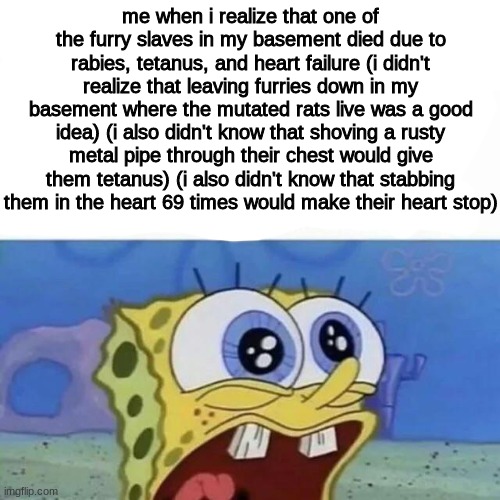 :( | me when i realize that one of the furry slaves in my basement died due to rabies, tetanus, and heart failure (i didn't realize that leaving furries down in my basement where the mutated rats live was a good idea) (i also didn't know that shoving a rusty metal pipe through their chest would give them tetanus) (i also didn't know that stabbing them in the heart 69 times would make their heart stop) | image tagged in spunchbop | made w/ Imgflip meme maker