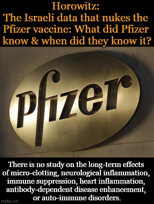 Doubt Americans would have embraced the jabs if told even the most conservative estimate of adverse events experienced & waning  | Horowitz: 
The Israeli data that nukes the 
Pfizer vaccine: What did Pfizer 
know & when did they know it? There is no study on the long-term effects 

of micro-clotting, neurological inflammation, 

immune suppression, heart inflammation, 

antibody-dependent disease enhancement, 

or auto-immune disorders. | image tagged in politics,pfizer,covid-19,vaccines,adverse events,medical tyranny | made w/ Imgflip meme maker