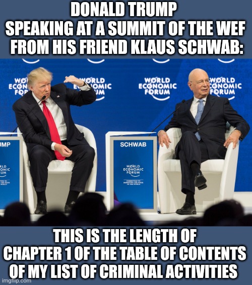 "How long is it, Mr. Trump?" | DONALD TRUMP 
SPEAKING AT A SUMMIT OF THE WEF
 FROM HIS FRIEND KLAUS SCHWAB:; THIS IS THE LENGTH OF CHAPTER 1 OF THE TABLE OF CONTENTS OF MY LIST OF CRIMINAL ACTIVITIES | image tagged in donald trump,criminal,lock him up | made w/ Imgflip meme maker