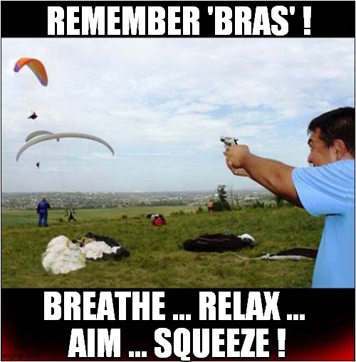We All Need A Hobby ! | REMEMBER 'BRAS' ! BREATHE ... RELAX ... 
AIM ... SQUEEZE ! | image tagged in hobby,shooting,paragliders,technique,dark humour | made w/ Imgflip meme maker