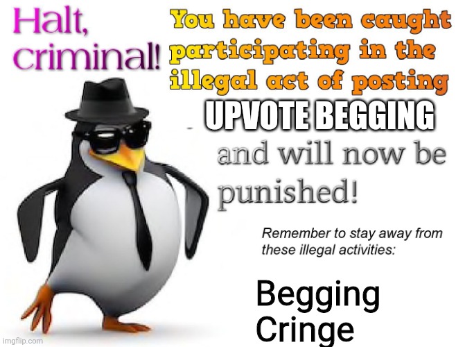halt criminal! | UPVOTE BEGGING Begging
Cringe | image tagged in halt criminal | made w/ Imgflip meme maker