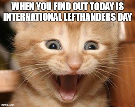 Where my fellow lefties at :) | WHEN YOU FIND OUT TODAY IS INTERNATIONAL LEFTHANDERS DAY | image tagged in memes,excited cat | made w/ Imgflip meme maker