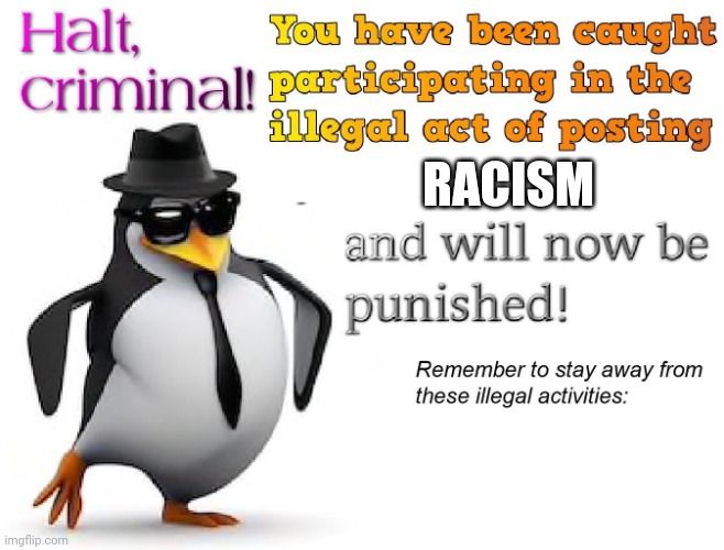 halt criminal! | RACISM | image tagged in halt criminal | made w/ Imgflip meme maker