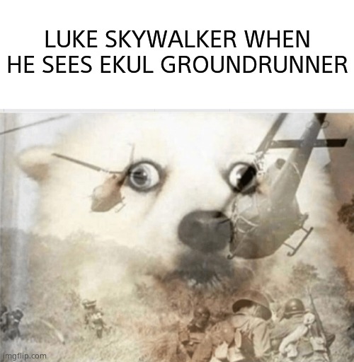 A long time ago, in a galaxy far, far away... 2 families fought for no reason. | LUKE SKYWALKER WHEN HE SEES EKUL GROUNDRUNNER | image tagged in memes,blank transparent square,ptsd dog | made w/ Imgflip meme maker