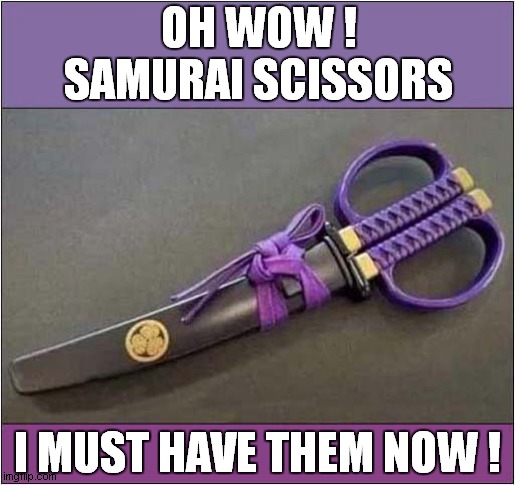 I Must Stop Wasting Money On Online Shopping ! | OH WOW !
SAMURAI SCISSORS; I MUST HAVE THEM NOW ! | image tagged in online shopping,waste of money,samurai,scissors | made w/ Imgflip meme maker