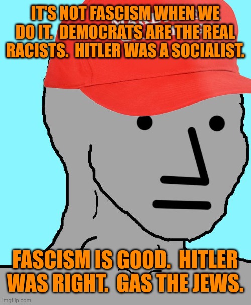 MAGA NPC | IT'S NOT FASCISM WHEN WE DO IT.  DEMOCRATS ARE THE REAL RACISTS.  HITLER WAS A SOCIALIST. FASCISM IS GOOD.  HITLER WAS RIGHT.  GAS THE JEWS. | image tagged in maga npc | made w/ Imgflip meme maker