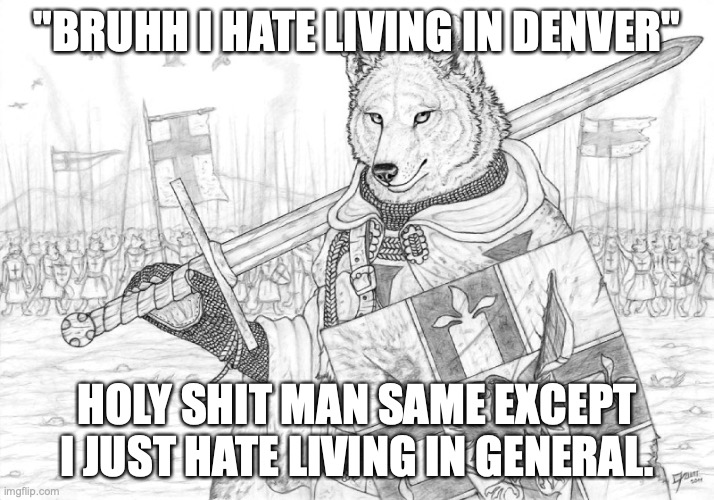 bruuh I hate living in Owo, Nigeria | "BRUHH I HATE LIVING IN DENVER"; HOLY SHIT MAN SAME EXCEPT I JUST HATE LIVING IN GENERAL. | image tagged in fursader | made w/ Imgflip meme maker