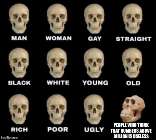 Do you know big numbers? | PEOPLE WHO THINK THAT NUMBERS ABOVE BILLION IS USELESS | image tagged in idiot skull | made w/ Imgflip meme maker