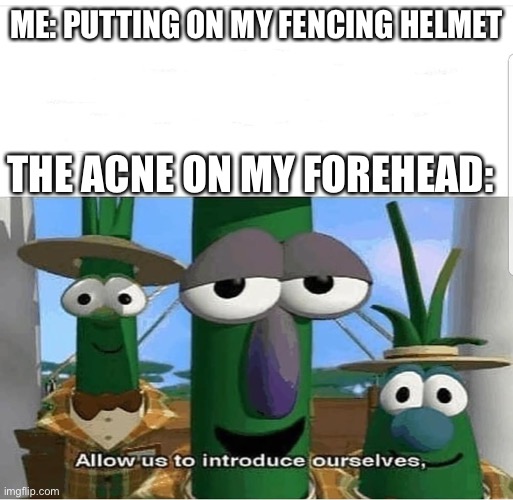 There is a cushion on the top of a fencing helmet that pushes on your forehead | ME: PUTTING ON MY FENCING HELMET; THE ACNE ON MY FOREHEAD: | image tagged in allow us to introduce ourselves | made w/ Imgflip meme maker
