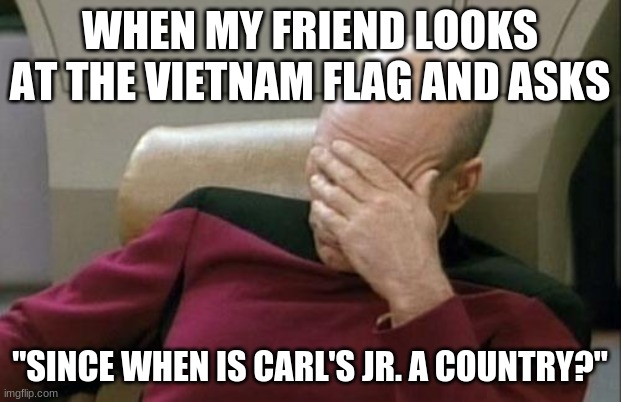 "I don't know, maybe since Notre Dame was a Taco Bell?" |  WHEN MY FRIEND LOOKS AT THE VIETNAM FLAG AND ASKS; "SINCE WHEN IS CARL'S JR. A COUNTRY?" | image tagged in memes,captain picard facepalm,vietnam,flags,carl's jr,not a true story | made w/ Imgflip meme maker