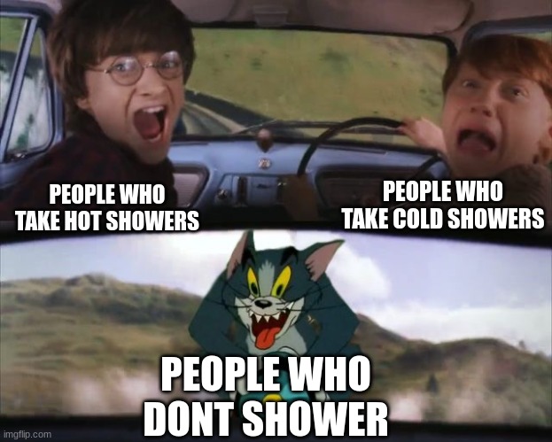 help | PEOPLE WHO TAKE COLD SHOWERS; PEOPLE WHO TAKE HOT SHOWERS; PEOPLE WHO DONT SHOWER | image tagged in tom chasing harry and ron weasly | made w/ Imgflip meme maker