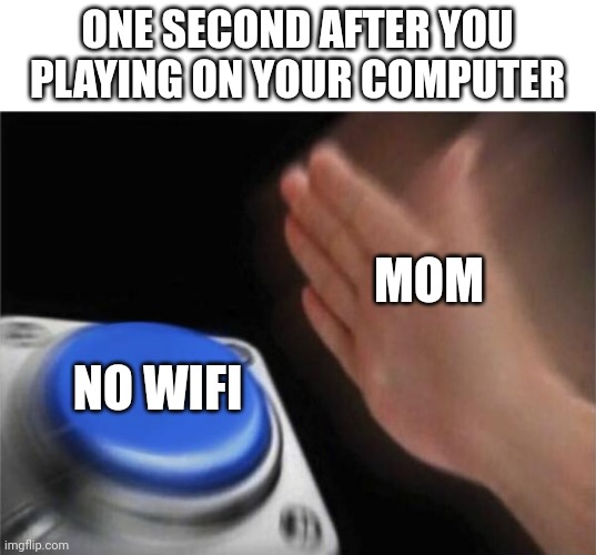 one second after you turn on your computer |  ONE SECOND AFTER YOU PLAYING ON YOUR COMPUTER; MOM; NO WIFI | image tagged in memes,blank nut button | made w/ Imgflip meme maker